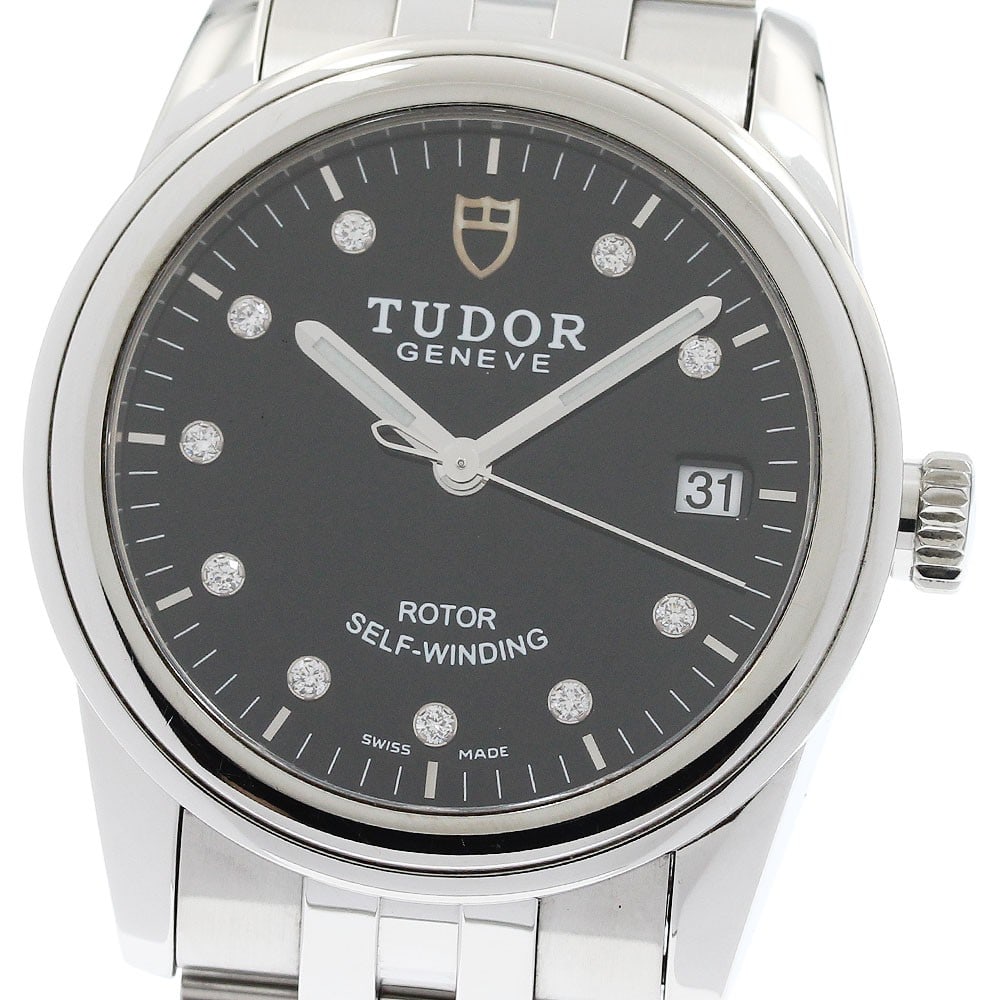 TUDOR Glamour 55000 mens automatic date watch black dial: TUDOR Glamour 55000 mens automatic date watch black dial Pre-owned TUDOR Glamour men's wristwatch with automatic movement and a black dial. This reference 55000 features a date display and a stainless