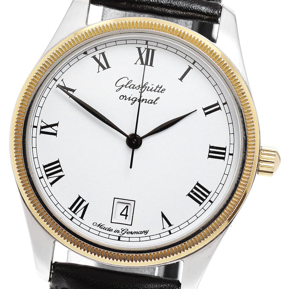 Glashutte Original Senator Mens Wristwatch SS YG Date Leather Strap: Glashutte Original Senator Mens Wristwatch SS YG Date Leather Strap Glashutte Original Senator men's wristwatch from Germany, presented as a pre-owned timepiece with a yellow gold bezel, stainless ste