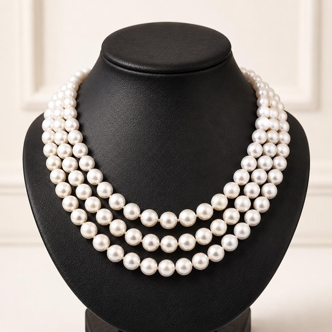 14k Yellow Gold 3 Strand Pearl Necklace with Abstract Clasp: 14k Yellow Gold 3 Strand Pearl Necklace with Abstract Clasp Elegant triple-strand pearl necklace featuring genuine cultured pearls and a 14k yellow gold abstract fluid design clasp. The necklace is fi