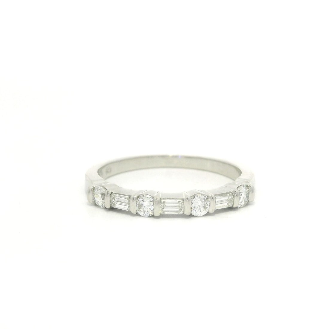 Gemlok Platinum 0.55ctw Emerald Round Diamond Band Ring: Gemlok Platinum 0.55ctw Emerald Round Diamond Band Ring This exquisite band ring features a stunning combination of natural gemstones, including four round brilliant cut diamonds and three emerald cut