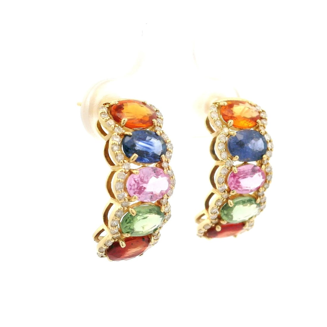 Stunning 18k Yellow Gold Multi-Color Sapphire Diamond Cuff Earrings: Stunning 18k Yellow Gold Multi-Color Sapphire Diamond Cuff Earrings These elegant cuff earrings are crafted from solid 18k yellow gold and feature a stunning array of natural multi-colored sapphires a