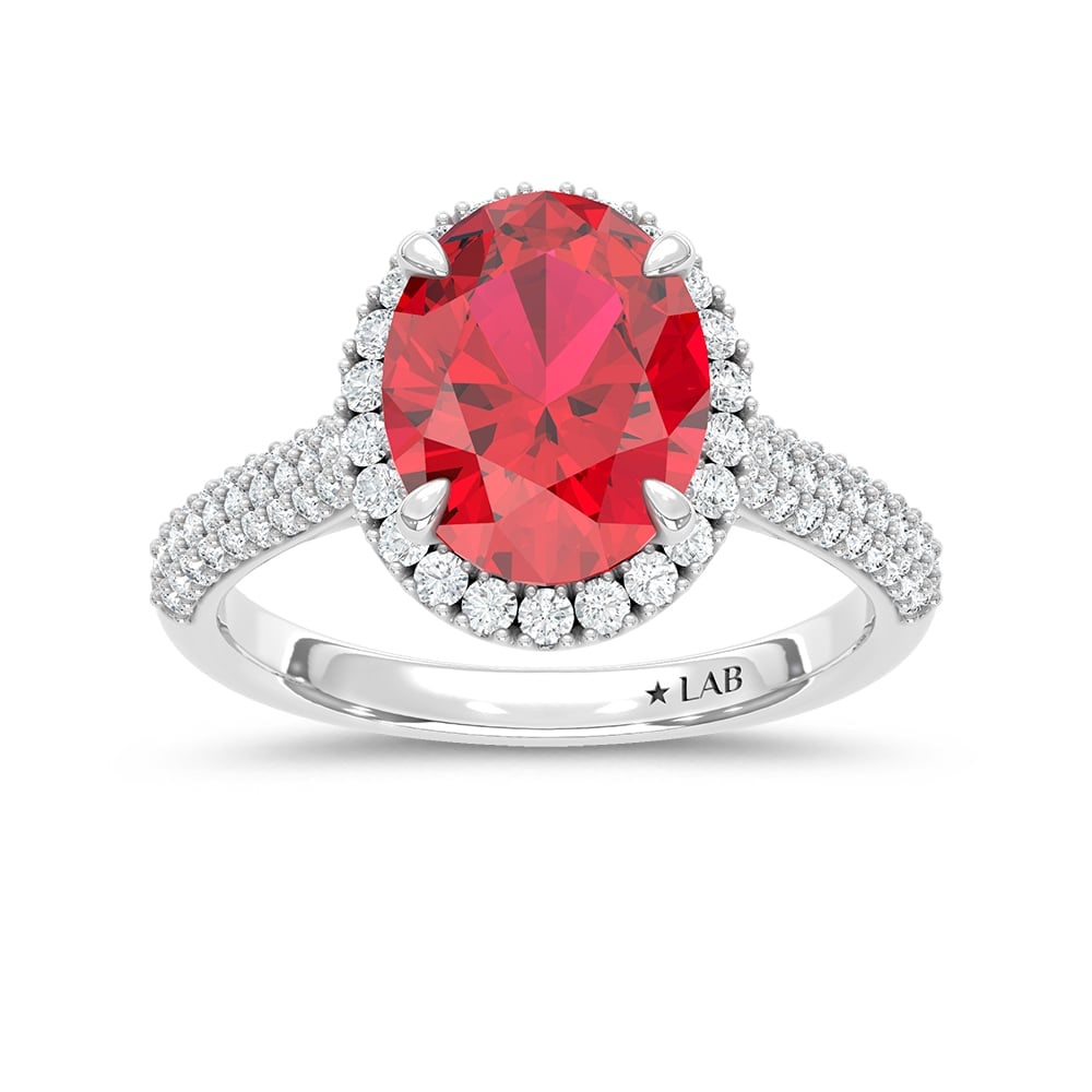 14K White Gold Lab Grown Diamond 4 1/5 Ct.Tw. Oval Shape Recrystalized Ruby Engagement Ring (Center: 14K White Gold Lab Grown Diamond 4 1/5 Ct.Tw. Oval Shape Recrystalized Ruby Engagement Ring (Center 3 7/8 ct) 14k White Gold Stone Color: D-f Stone Clarity: Vs Each ring is presented in standard size 