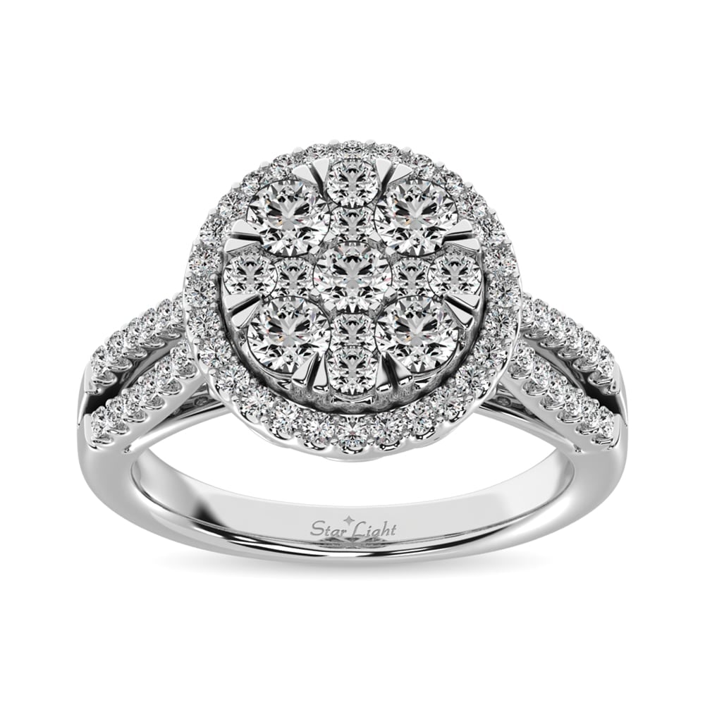 Diamond Two Row Shank Halo Engagement Ring 1 1/2 Ct.tw in 14K White Gold: Diamond Two Row Shank Halo Engagement Ring 1 1/2 Ct.tw in 14K White Gold 14k White Gold Stone Color: Gh Stone Clarity: Si2 Each ring is presented in standard size 6.5. Complimentary resizing is availa