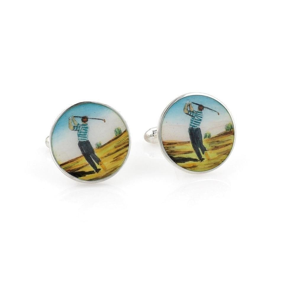 Tiffany & Co. Sterling Silver Enamel Golf Motif Round Cufflinks Pair: Tiffany & Co. Sterling Silver Enamel Golf Motif Round Cufflinks Pair Original Tiffany & Co. round stud cufflinks with an enamel golf motif, featuring a golfer in motion accented in blue and green enam