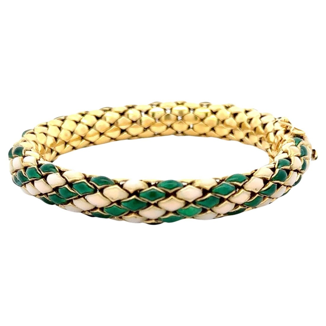 Harbor Diamonds Vintage Snake Motif Bracelet 18K Yellow Gold Enamel 55.9g: Harbor Diamonds Vintage Snake Motif Bracelet 18K Yellow Gold Enamel 55.9g This exquisite vintage bracelet features a captivating snake motif crafted from 18 karat yellow gold, adorned with vibrant gre