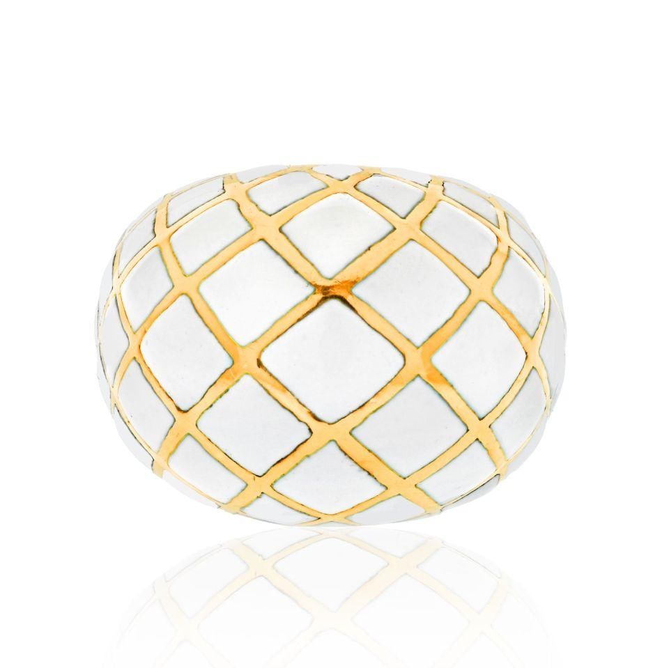 David Webb Bombe Ring Platinum 18K Yellow Gold White Enamel Checkerboard: David Webb Bombe Ring Platinum 18K Yellow Gold White Enamel Checkerboard This exquisite estate ring by David Webb features a striking checkerboard pattern in white enamel on a bombe-style shank made o