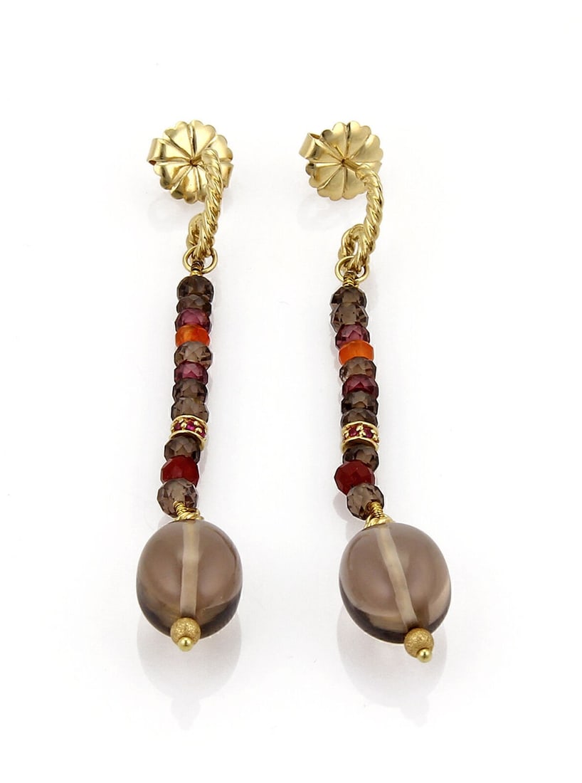 David Yurman Multi Gemstone Cable Drop Earrings in 18k Gold: David Yurman Multi Gemstone Cable Drop Earrings in 18k Gold Pre-owned David Yurman dangle earrings featuring the brand's cable motif and a multi-gemstone drop design. Crafted in 18k yellow gold, this 