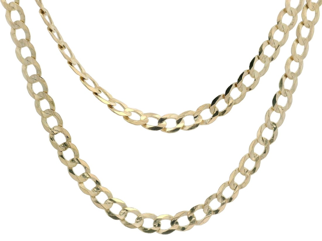 19.5 Inch 14k Yellow Gold Flat Curb Cuban Chain Necklace for Women: 19.5 Inch 14k Yellow Gold Flat Curb Cuban Chain Necklace for Women This classic necklace features a flat curb Cuban link design crafted in solid 14k yellow gold. Measuring 19.5 inches in length, it is