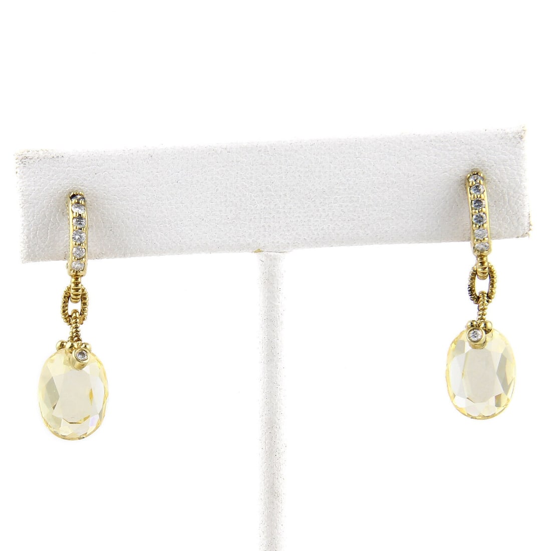Judith Ripka 18K Yellow Gold Canary Crystal Diamond Drop Earrings: Judith Ripka 18K Yellow Gold Canary Crystal Diamond Drop Earrings Pre-owned Judith Ripka dangle earrings crafted in solid 18k yellow gold. The design features canary crystal drops accented with natura
