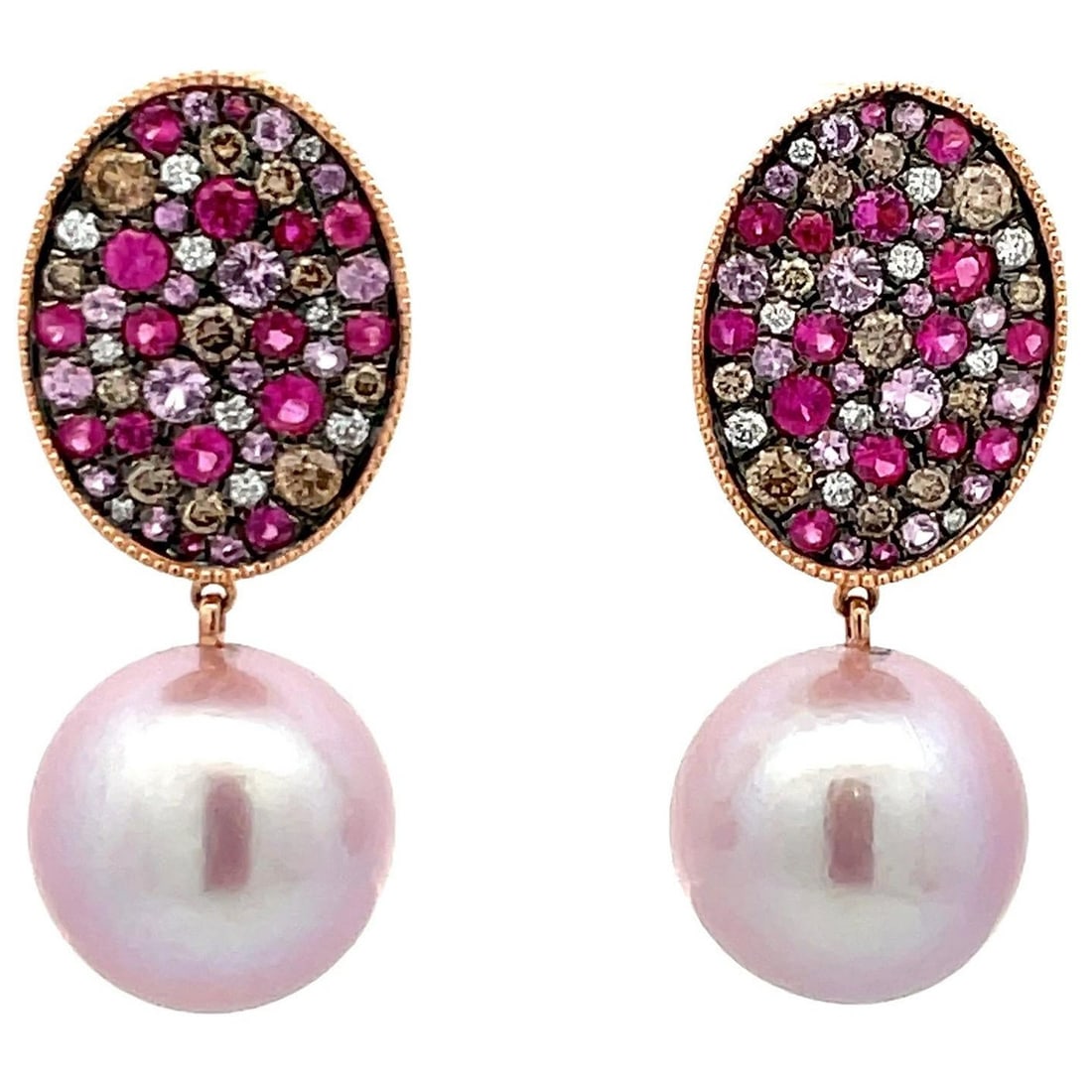 Harbor Diamonds 18K Rose Gold Pink Sapphire Pearl Drop Earrings 3.05 Carats: Harbor Diamonds 18K Rose Gold Pink Sapphire Pearl Drop Earrings 3.05 Carats Elevate your elegance with these stunning drop earrings crafted in 18 karat rose gold. Each earring features 32 round-cut pi