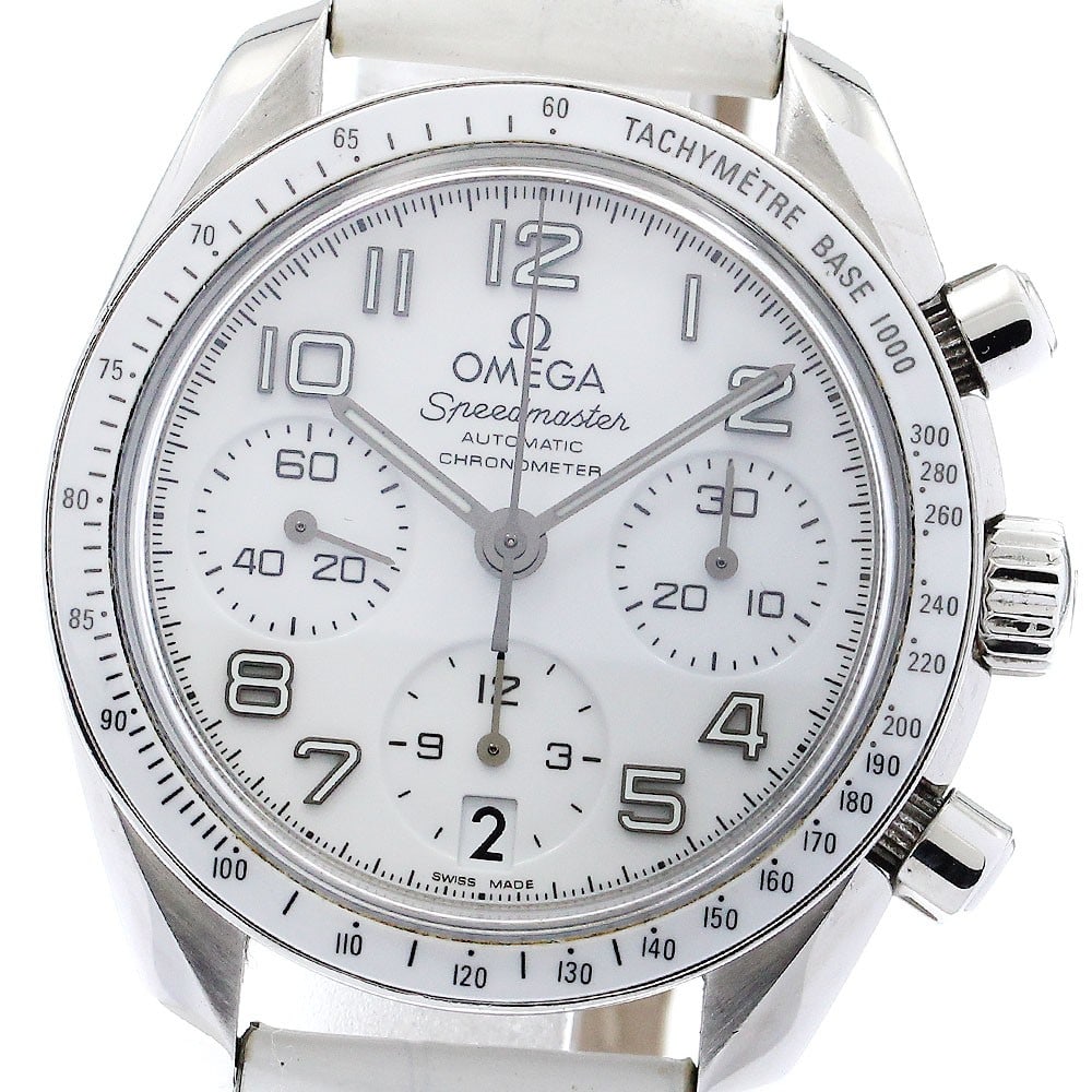 OMEGA Speedmaster 324.33.38.40.04.001 Ladies Chronograph Date Watch: OMEGA Speedmaster 324.33.38.40.04.001 Ladies Chronograph Date Watch Pre-owned OMEGA Speedmaster Date chronograph ladies wristwatch with a white dial and automatic movement. This watch features date, c