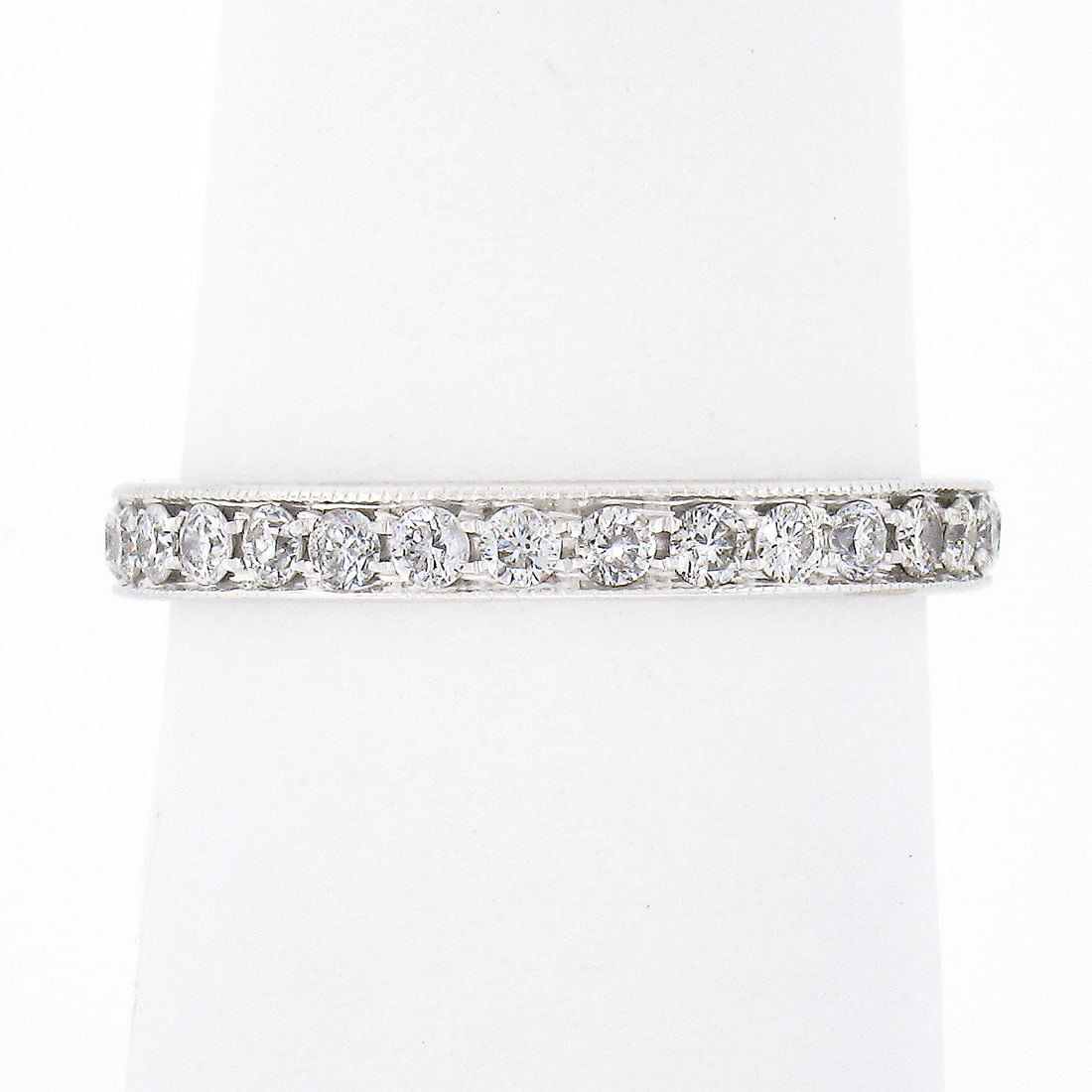 14k White Gold Diamond Eternity Band Ring Milgrain Pave Size 6: 14k White Gold Diamond Eternity Band Ring Milgrain Pave Size 6 This vintage eternity band ring is crafted from solid 14k white gold and features 30 natural round brilliant cut diamonds, pave set with 