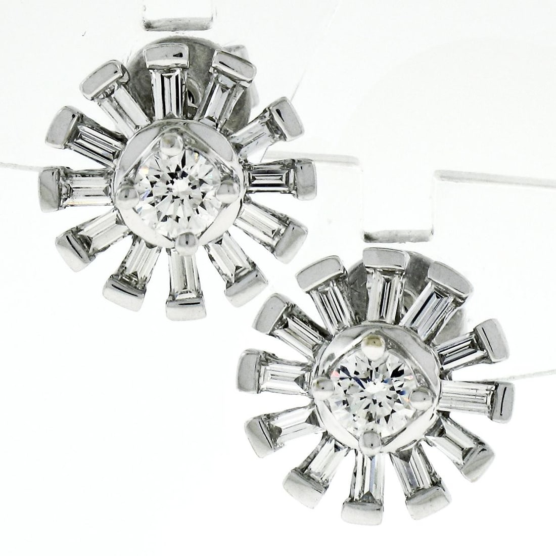 Snowflake Diamond Stud Earrings 18k White Gold Round Baguette 0.89ctw: Snowflake Diamond Stud Earrings 18k White Gold Round Baguette 0.89ctw Un-used snowflake-style post stud earrings crafted in solid 18k white gold and set with natural genuine diamonds in round brillian