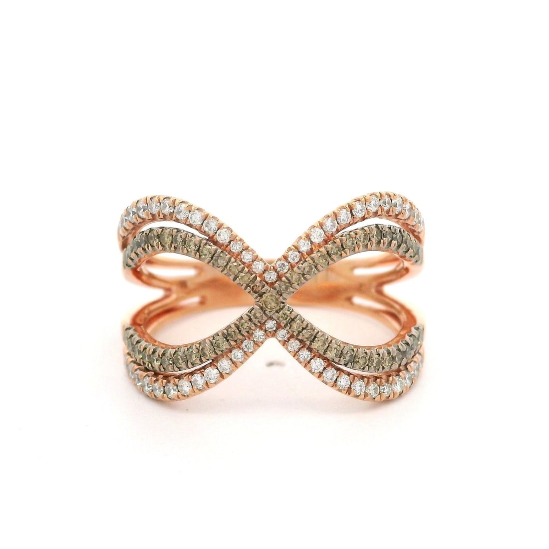 14k Rose Gold Double Crossover Ring with 1ctw White and Fancy Champagne Diamonds: 14k Rose Gold Double Crossover Ring with 1ctw White and Fancy Champagne Diamonds This stunning double crossover ring features a blend of 54 round brilliant cut white diamonds and 53 round brilliant cu
