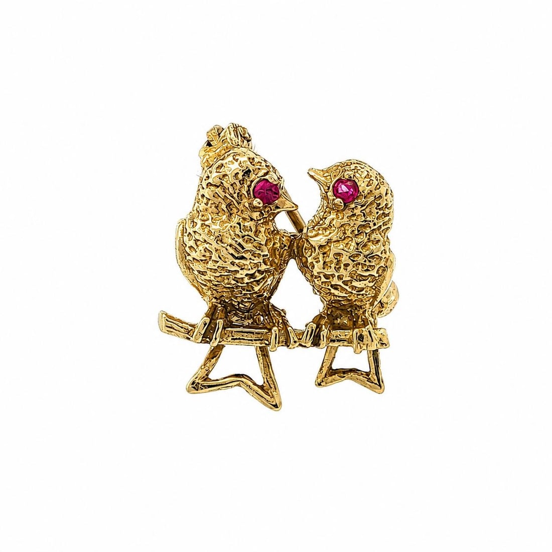 Unbranded 14k Yellow Gold Love Birds Brooch Textured Pin: Unbranded 14k Yellow Gold Love Birds Brooch Textured Pin Vintage unbranded brooch featuring a detailed textured design of two love birds. Crafted in solid 14K yellow gold, this pin has a classic pin b