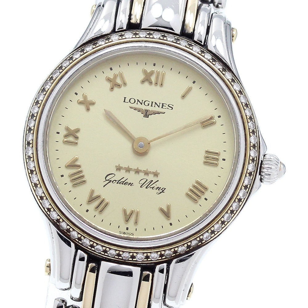 Longines Golden Wing L3.107.5 Womens Quartz Wristwatch Gold Dial: Longines Golden Wing L3.107.5 Womens Quartz Wristwatch Gold Dial This Longines Golden Wing women's wristwatch features a stainless steel and gold-plated case and bracelet, complemented by a gold-tone 
