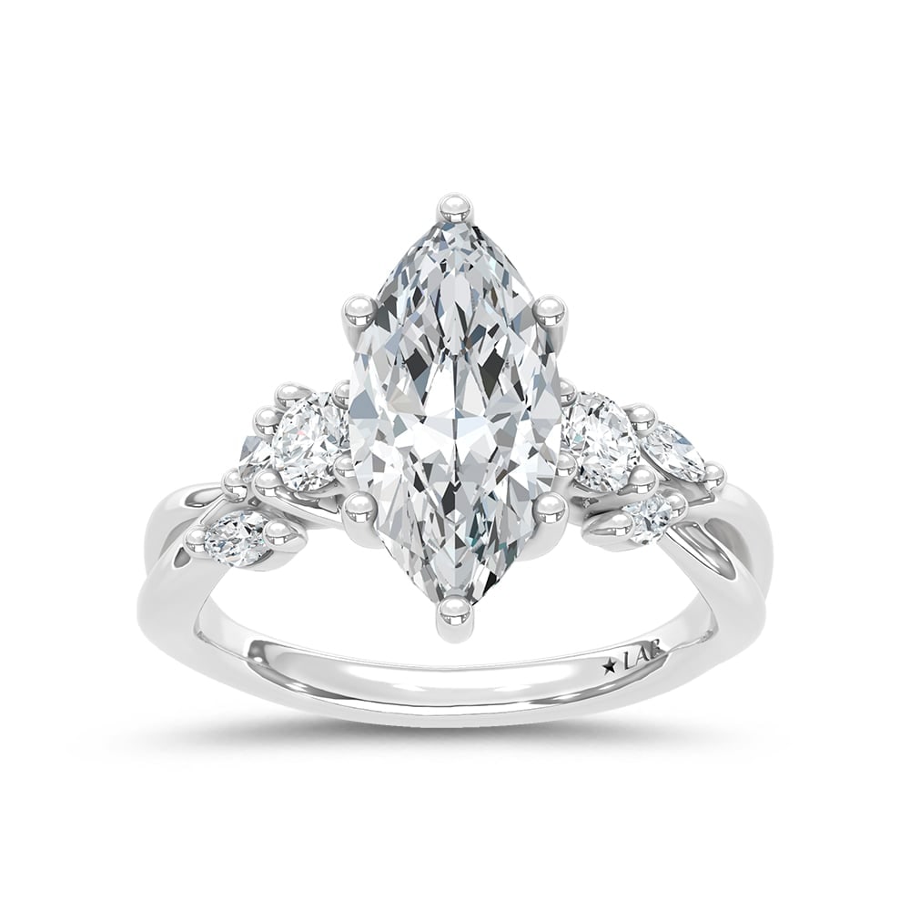14K White Gold Lab Grown Marquise and Round Diamond 2 1/3 Ct.Tw. Engagement Ring (IGI Certified: 14K White Gold Lab Grown Marquise and Round Diamond 2 1/3 Ct.Tw. Engagement Ring (IGI Certified Center 2ct) 14k White Gold Stone Color: D-f Stone Clarity: Vs Each ring is presented in standard size 6.