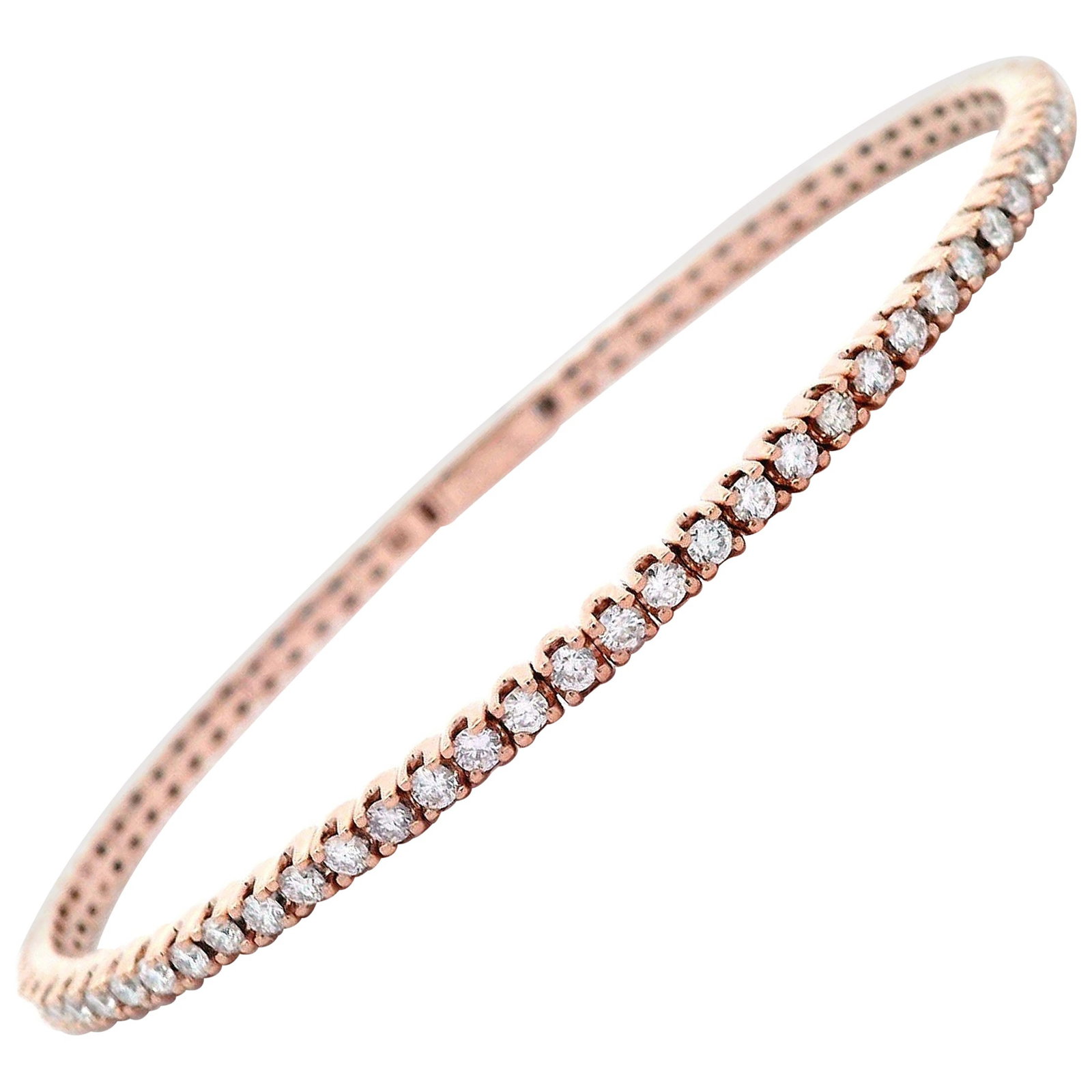 1.85ct Diamond Tennis Bangle in Rose Gold: 1.85ct Diamond Tennis Bangle in Rose Gold This exquisite contemporary flexible tennis bangle bracelet features a stunning array of 71 round diamonds totaling 1.85 carats, set in luxurious 14-karat ros