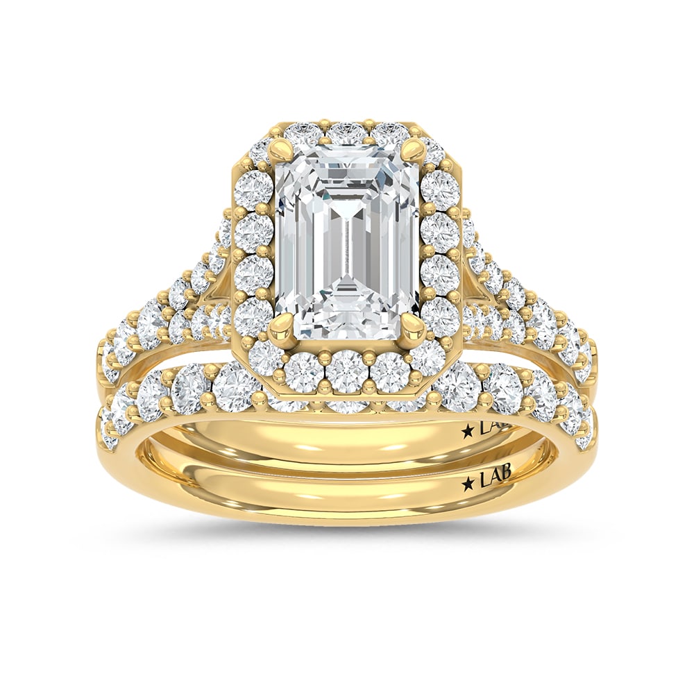 14K Yellow Gold 3 Ct.Tw. Lab Grown Diamond Emerald Shape Bridal Ring (IGI Certified Center 2ct: 14K Yellow Gold 3 Ct.Tw. Lab Grown Diamond Emerald Shape Bridal Ring (IGI Certified Center 2ct Emerald) 14k Yellow Gold Stone Color: D-f Stone Clarity: Vs Each ring is presented in standard size 6.5. 
