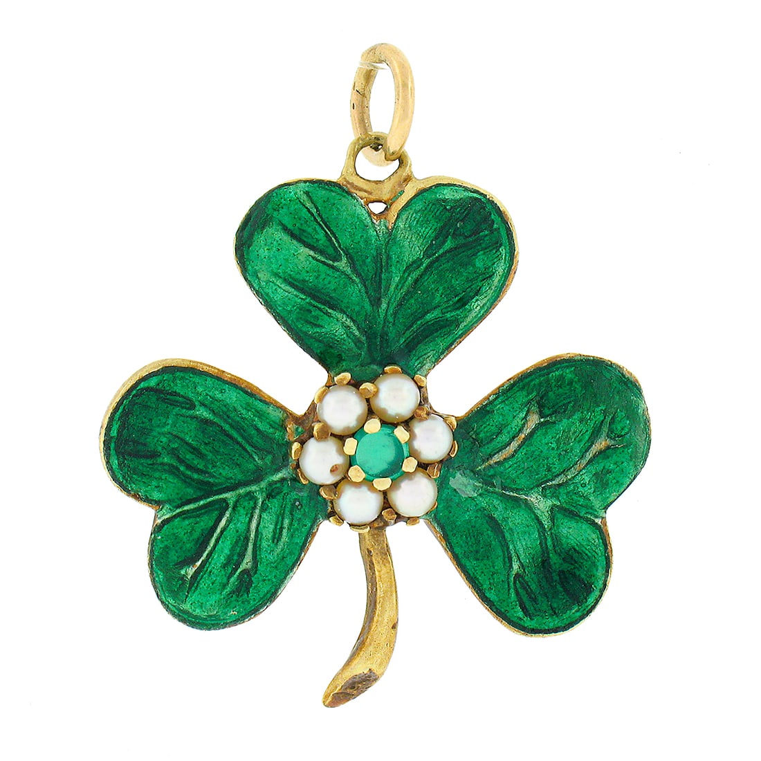 Antique 14k Yellow Gold Clover Charm Pendant with Emerald and Pearls: Antique 14k Yellow Gold Clover Charm Pendant with Emerald and Pearls This exquisite antique charm pendant is crafted from solid 14k yellow gold and features a charming clover design adorned with vivid