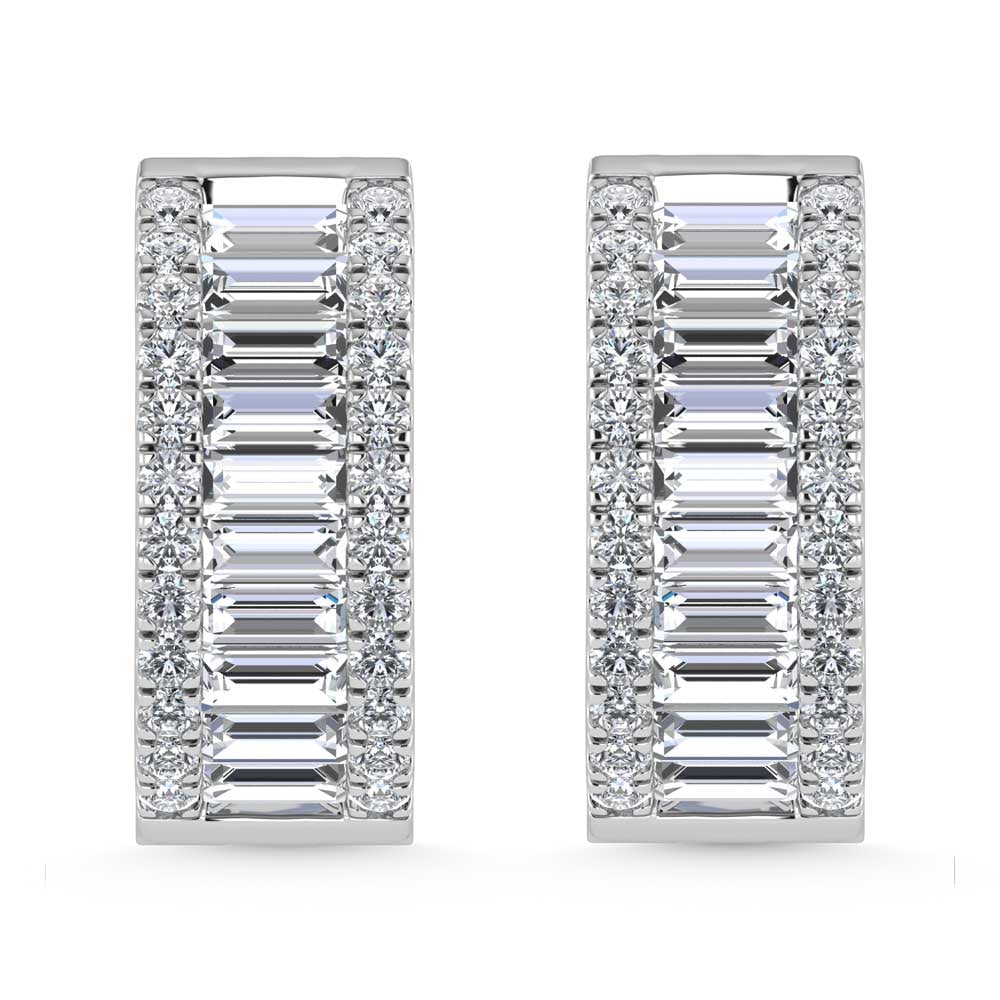 14K White Gold Round & Baguette Lab Grown Diamond 3 Ct.Tw. Hoop Earrings: 14K White Gold Round & Baguette Lab Grown Diamond 3 Ct.Tw. Hoop Earrings Glamorous 14K white gold hoops with 3 Ct.Tw. lab-grown diamonds in round & baguette cuts, perfect for elegance. 14k White Gold 