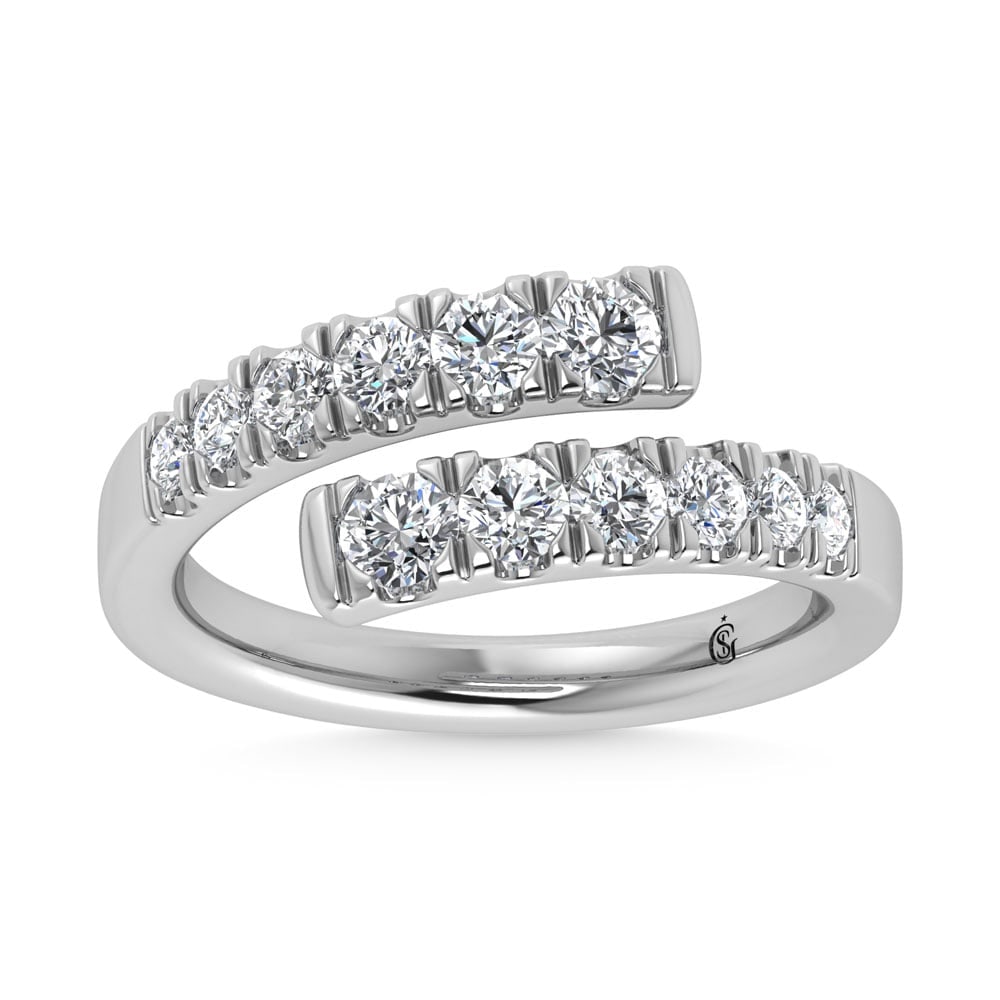14K White Gold 7/8 Ct.Tw. Cross Over Band: 14K White Gold 7/8 Ct.Tw. Cross Over Band 14k White Gold Stone Color: G-h Stone Clarity: Si2 Each ring is presented in standard size 6.5. Complimentary resizing is available between sizes 510 (in 1/4 