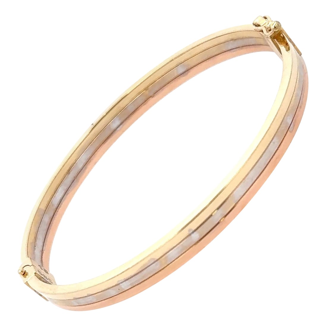 Tri-Color 14K Gold Bangle Bracelet 6mm Wide 10.6 Gram: Tri-Color 14K Gold Bangle Bracelet 6mm Wide 10.6 Gram This elegant 14K tri-color gold bangle bracelet features a classic design that combines yellow, white, and rose gold in a polished finish. The smo