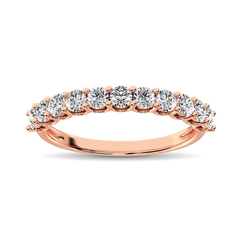 14K Rose Gold Diamond 3/4 Ct.Tw. 9 Stone Anniversary Band: 14K Rose Gold Diamond 3/4 Ct.Tw. 9 Stone Anniversary Band This eye-catching Anniversary Band is available in 14K Rose Gold. There are 9 round diamonds with a total carat weight of 3/4 Ct.Tw. set in a 