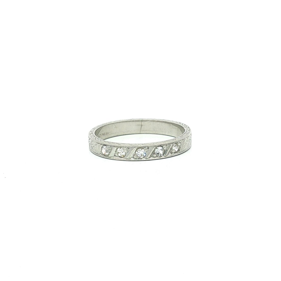 Unbranded Antique Platinum Band Ring with 5 Single Cut Diamonds Size 4: Unbranded Antique Platinum Band Ring with 5 Single Cut Diamonds Size 4 Antique wheat work stack band ring crafted in solid platinum and set with five natural old single cut diamonds in a pave setting.