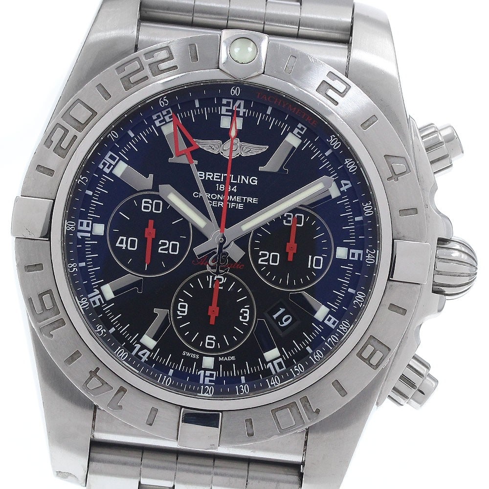 Breitling Chronomat GMT AB0412 mens automatic steel wristwatch: Breitling Chronomat GMT AB0412 mens automatic steel wristwatch Pre-owned Breitling Chronomat GMT limited edition men's wristwatch with automatic movement and a black dial. This watch-only offering fea