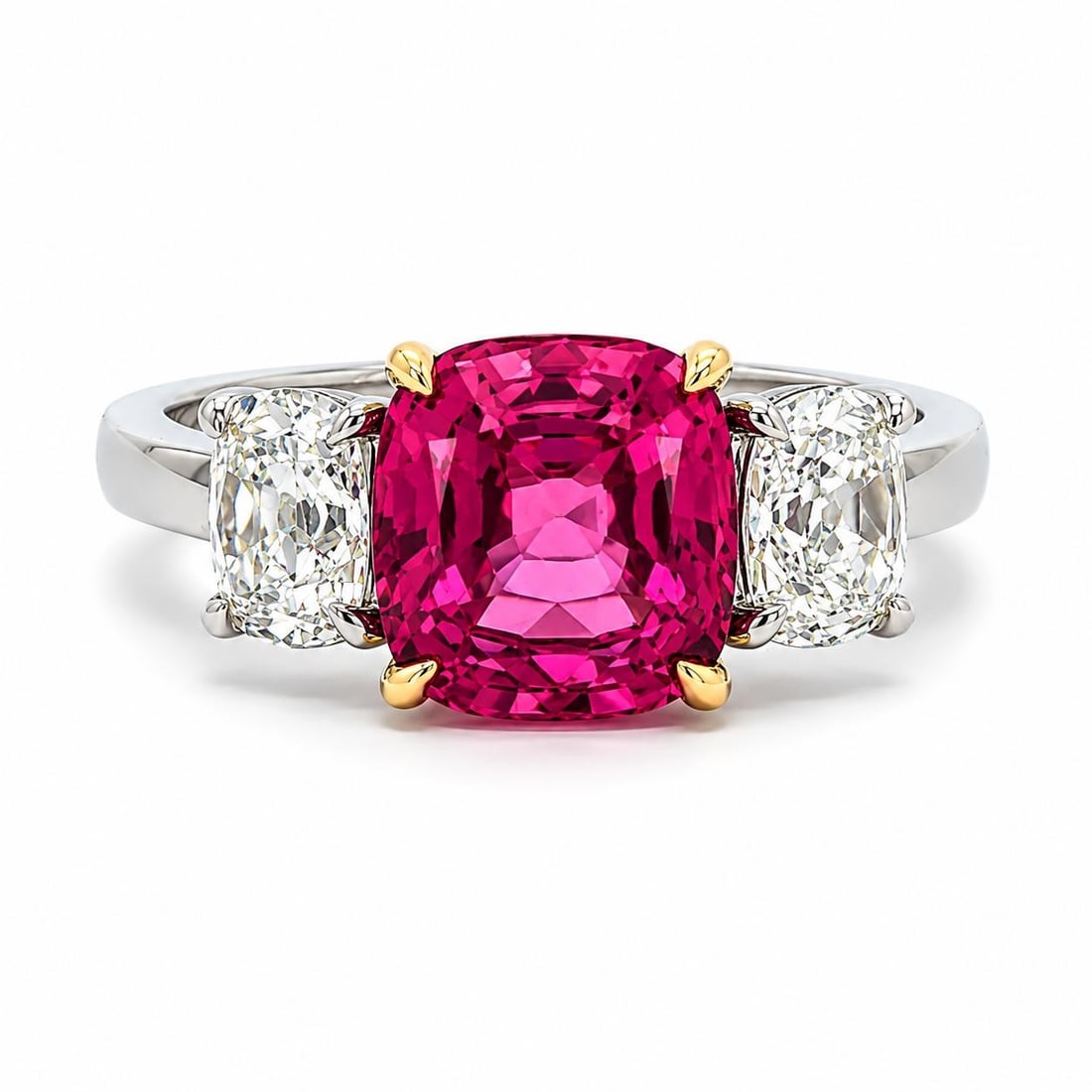 Unbranded Mahenge Spinel Ring Platinum 18k Gold GIA Old Mine Diamonds: Unbranded Mahenge Spinel Ring Platinum 18k Gold GIA Old Mine Diamonds Custom-made cocktail ring featuring a natural Mahenge spinel accented by two old mine cut diamonds. The center stone is a vivid sl