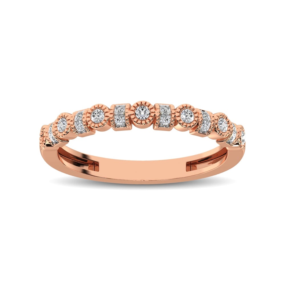 14K Rose Gold 1/6 Ct.tw Diamond Band: 14K Rose Gold 1/6 Ct.tw Diamond Band This vintage style stackable band crafted in warm 14K Rose Gold and features bezel-set round diamonds alternating with reCt.Tw.angular frames sparkling with two di
