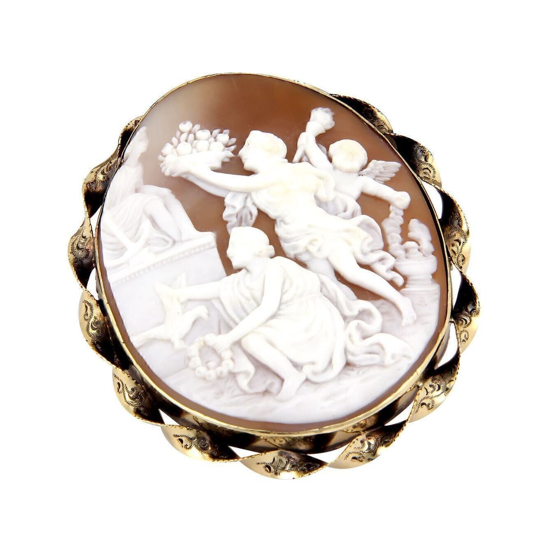 Large 14k Yellow Gold Shell Cameo Brooch with Greek Figure Carving (1 of 5)