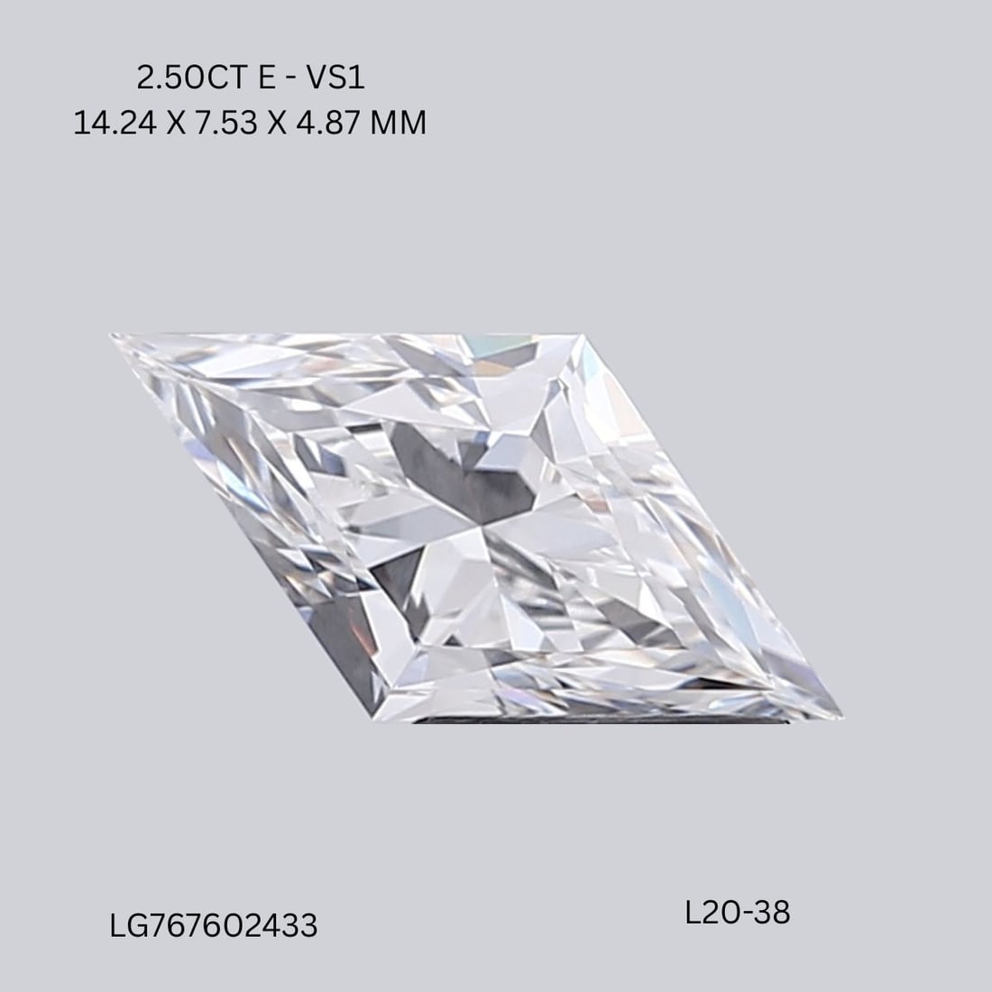 Loose Diamond - LOZENGE 2.5ct E VS1: Loose Diamond - LOZENGE 2.5ct E VS1 Source: This is a real non-mined Diamond that has been grown in a lab Shape: LOZENGE Carats: 2.5 Color: E Clarity: VS1 Certification: IGI The Diamond Depot