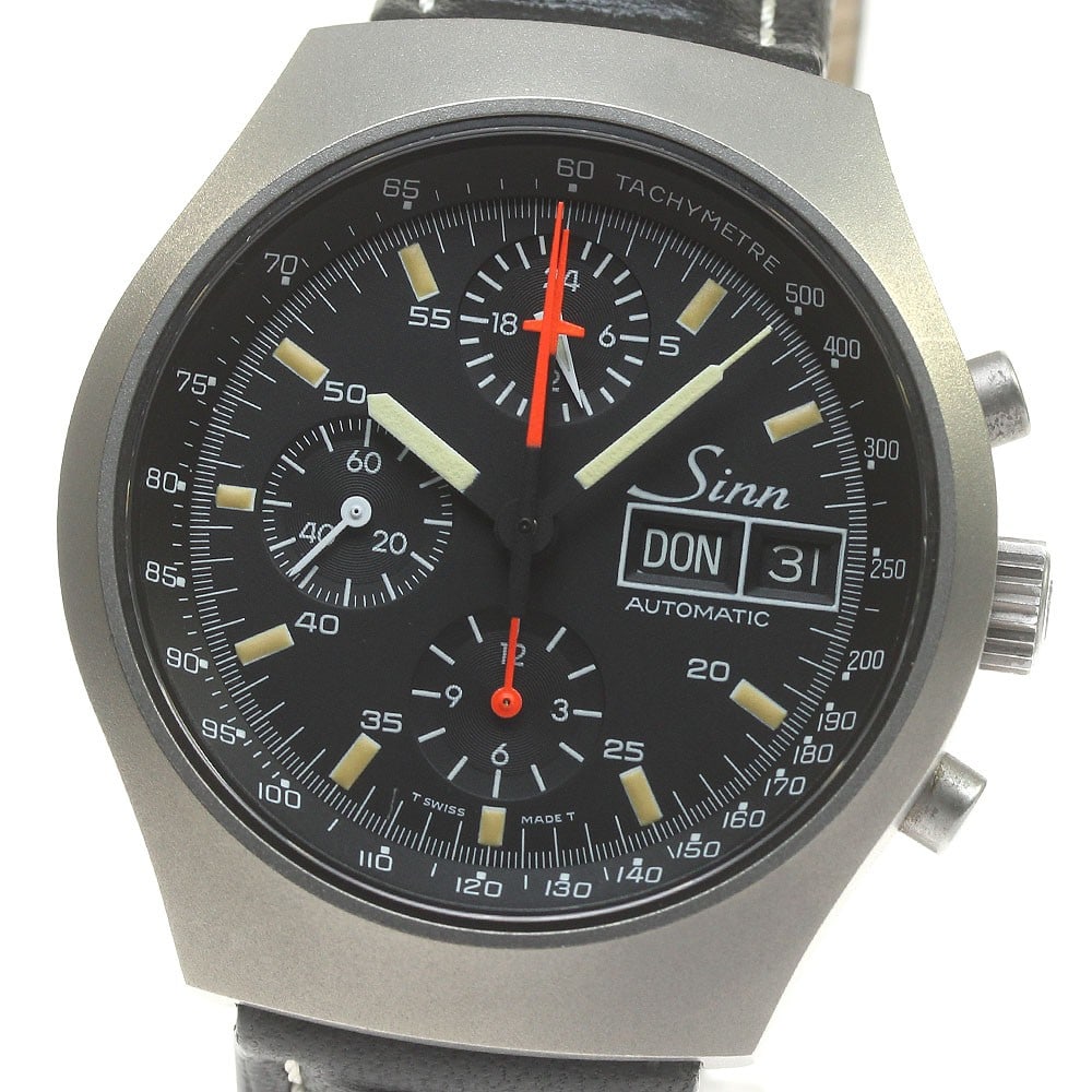 Sinn mens automatic chronograph wristwatch black dial leather strap: Sinn mens automatic chronograph wristwatch black dial leather strap Pre-owned Sinn men's automatic chronograph day-date wristwatch from Switzerland. It features a stainless steel case, black dial, lea