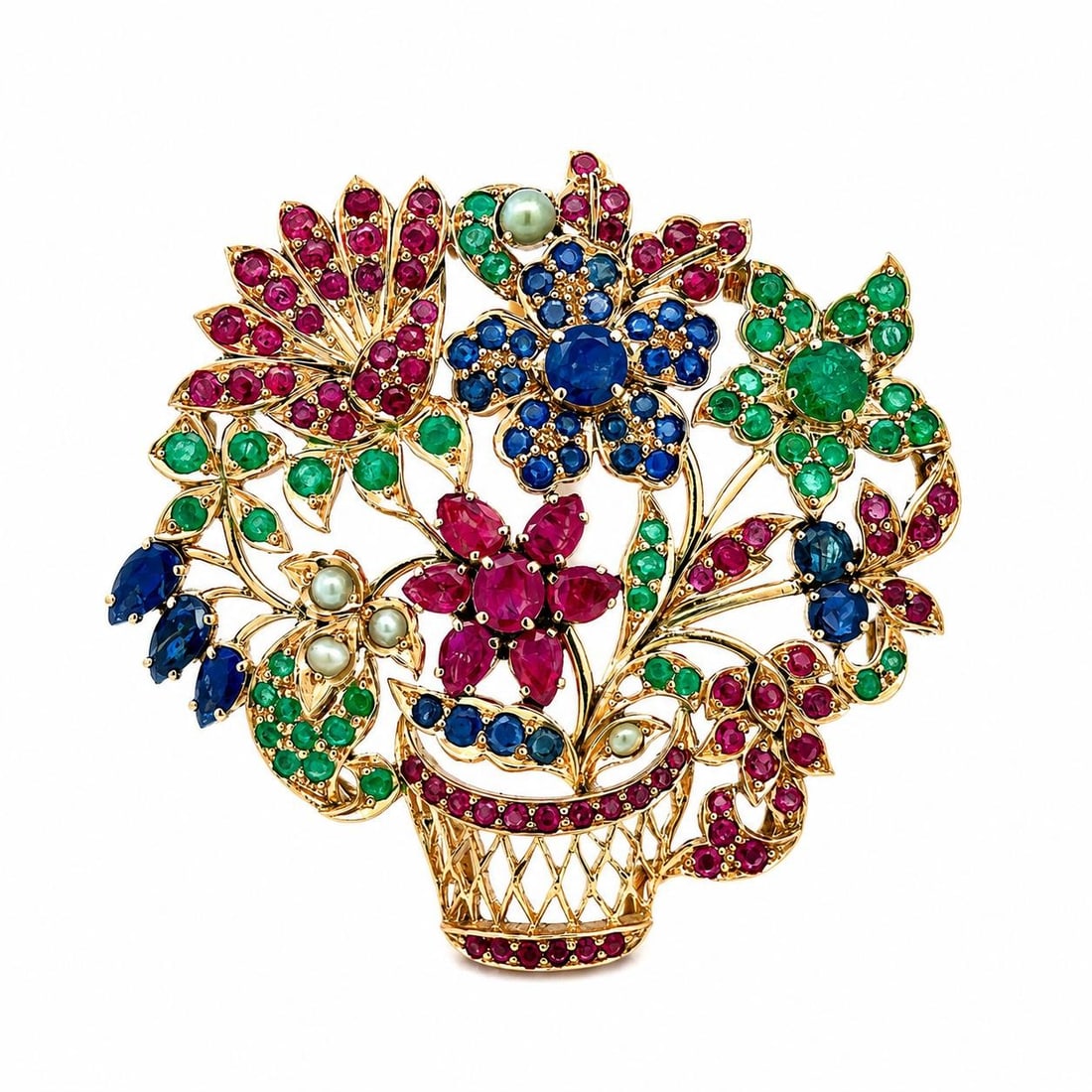 14k yellow gold floral bouquet pin with ruby sapphire emerald cat's eye: 14k yellow gold floral bouquet pin with ruby sapphire emerald cat's eye This vintage brooch from the 1940s is crafted from solid 14k yellow gold and designed as a flower bouquet. It features numerous 