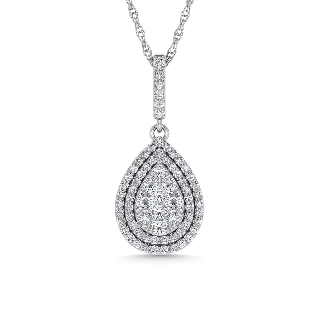 Diamond 3/4 Ct.Tw. Fashion Pendant in 14K White Gold: Diamond 3/4 Ct.Tw. Fashion Pendant in 14K White Gold 14k White Gold Stone Color: G-h Stone Clarity: I1 Unless otherwise specified, pendants that include a chain are paired with our standard 18-inch le