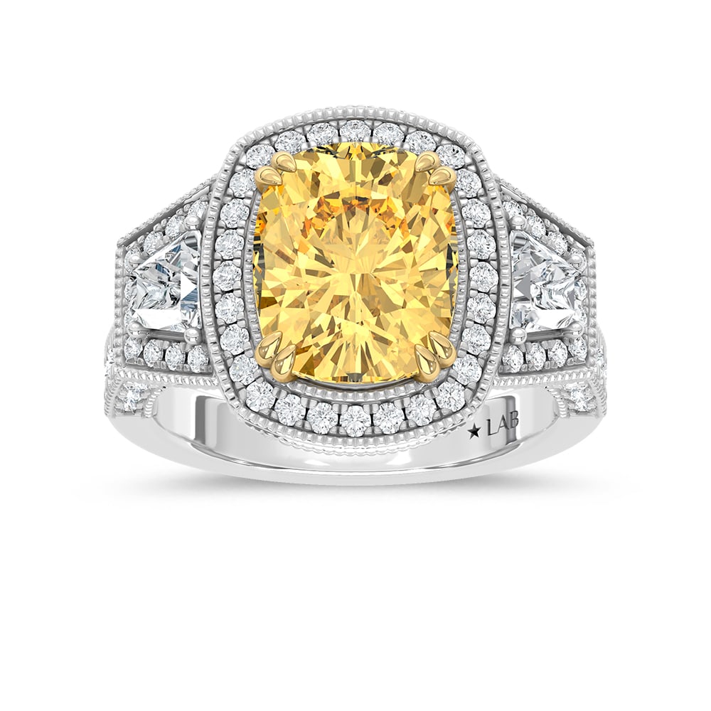 14K Two Tone Lab Grown Diamond 6 1/2 Ct.Tw. Yellow Cushion Engagement Ring (Center 5ct)