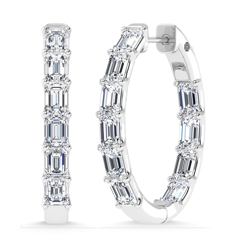 14K White Gold 4 Ct.Tw. Lab Grown Diamond Vertical Emerald Shape In and Out Hoop Earrings: 14K White Gold 4 Ct.Tw. Lab Grown Diamond Vertical Emerald Shape In and Out Hoop Earrings Sophisticated 14K white gold hoops featuring 4 Ct.Tw. lab-grown diamonds in vertical emerald shape. 14k White 