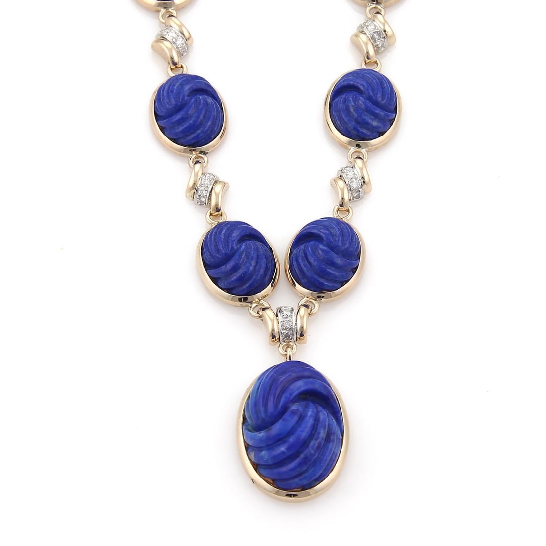 Estate 1.3ct Diamond Lapis 14k Gold Pendant Collar Necklace: Estate 1.3ct Diamond Lapis 14k Gold Pendant Collar Necklace This stunning collar-style necklace showcases a beautiful combination of 14k yellow and white gold. It features 12 oval-shaped, bezel-set la