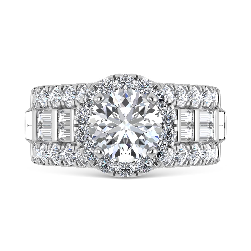 14K White Gold Lab Grown Diamond 4 ct.tw. Round Shape Engagement Ring (IGI Certified Center 2ct): 14K White Gold Lab Grown Diamond 4 ct.tw. Round Shape Engagement Ring (IGI Certified Center 2ct) 14k White Gold Stone Color: D-f Stone Clarity: Vs Each ring is presented in standard size 6.5. Complime