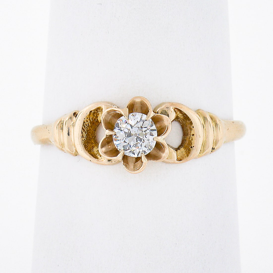Victorian 10k Yellow Gold Diamond Solitaire Ring Old European Cut Size 7.5: Victorian 10k Yellow Gold Diamond Solitaire Ring Old European Cut Size 7.5 Antique Victorian engagement ring crafted in solid 10k yellow gold, featuring one old European cut natural diamond in a flowe