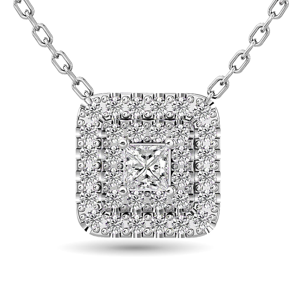Diamond Princess Cut Double Halo Pendant 3/8 Ct.tw in 14K White Gold: Diamond Princess Cut Double Halo Pendant 3/8 Ct.tw in 14K White Gold Diamond Princess Cut Double Halo Pendant 3/8 Ct.Tw. in 14K White Gold (1/6Ct.Tw. Centre) 14k White Gold Stone Color: Gh Stone Clari