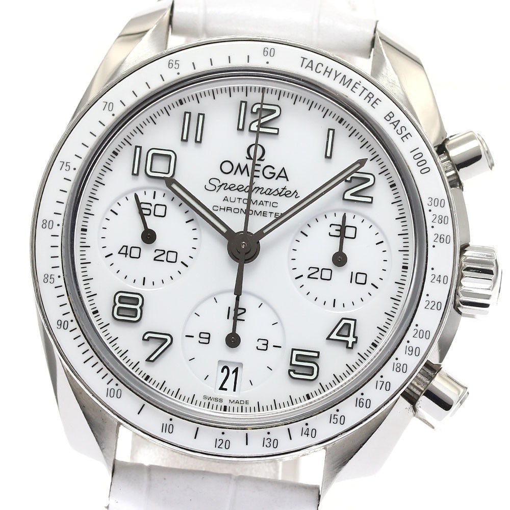 OMEGA Speedmaster 324.33.38.40.04.001 Ladies Chronograph Watch: OMEGA Speedmaster 324.33.38.40.04.001 Ladies Chronograph Watch Pre-owned OMEGA Speedmaster ladies wristwatch with a stainless steel case, white dial, and automatic movement. This chronograph features 