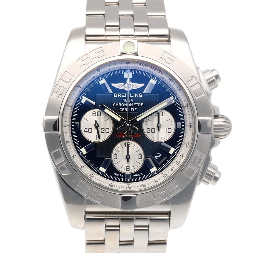 Breitling AB0110 Chronomat 44 mens automatic chronograph watch: Breitling AB0110 Chronomat 44 mens automatic chronograph watch Pre-owned Breitling Chronomat 44 men's wristwatch with chronograph 500M designation, featuring a silver and black colorway and automatic 