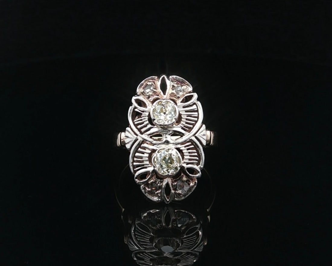 Antique Yellow White Gold 0.60ct Old Mine Rose Cut Diamond Dinner Ring: Antique Yellow White Gold 0.60ct Old Mine Rose Cut Diamond Dinner Ring This exquisite Antique Yellow & White Gold Long Dinner Ring features a stunning combination of .60ct Old Mine and Rose Cut Diamon