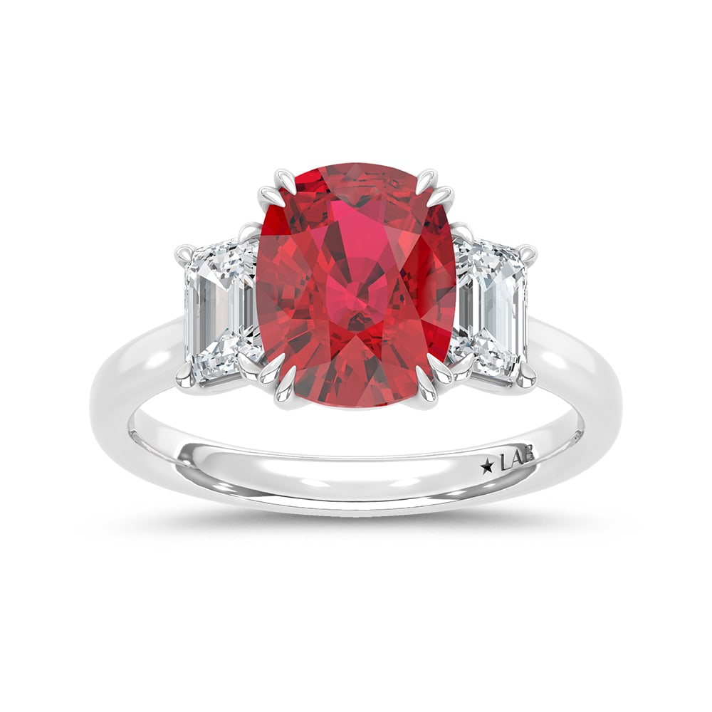 14K White Gold Lab Grown Diamond 4 Ct.Tw. Cushion Shape Recrystalized Ruby Engagement Ring (Center 3: 14K White Gold Lab Grown Diamond 4 Ct.Tw. Cushion Shape Recrystalized Ruby Engagement Ring (Center 3 ct) Exude timeless elegance with this 14K white gold engagement ring. Its centerpiece is a brillian