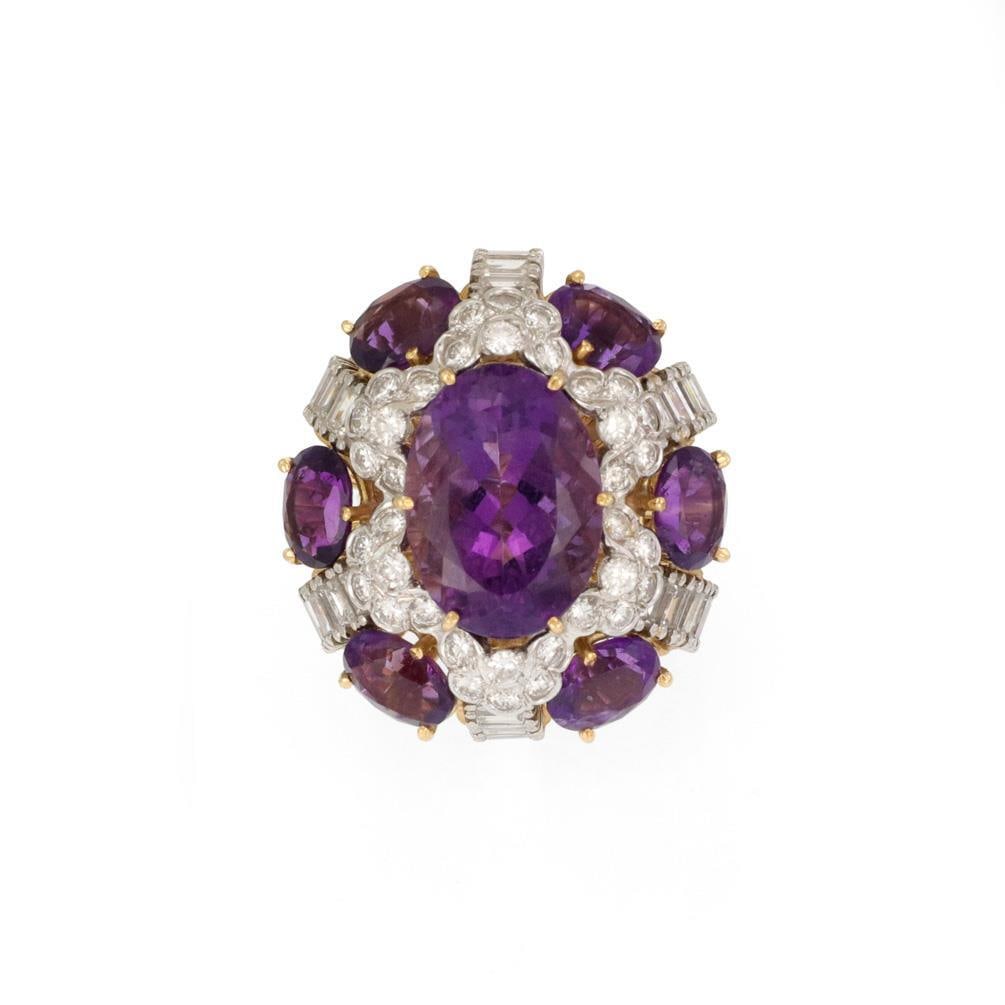 Estate 4ct Diamond Amethyst 18k Gold Cocktail Ring Size 5.5: Estate 4ct Diamond Amethyst 18k Gold Cocktail Ring Size 5.5 This stunning estate cocktail ring showcases a luxurious design, crafted from 18k yellow and white gold. The ring features an impressive ova