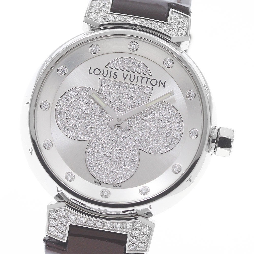 Louis Vuitton Tambour Forever Q131P Womens Quartz Diamond Wristwatch: Louis Vuitton Tambour Forever Q131P Womens Quartz Diamond Wristwatch Pre-owned Louis Vuitton Tambour Forever women's quartz wristwatch with a stainless steel case, silver dial, and leather strap. This