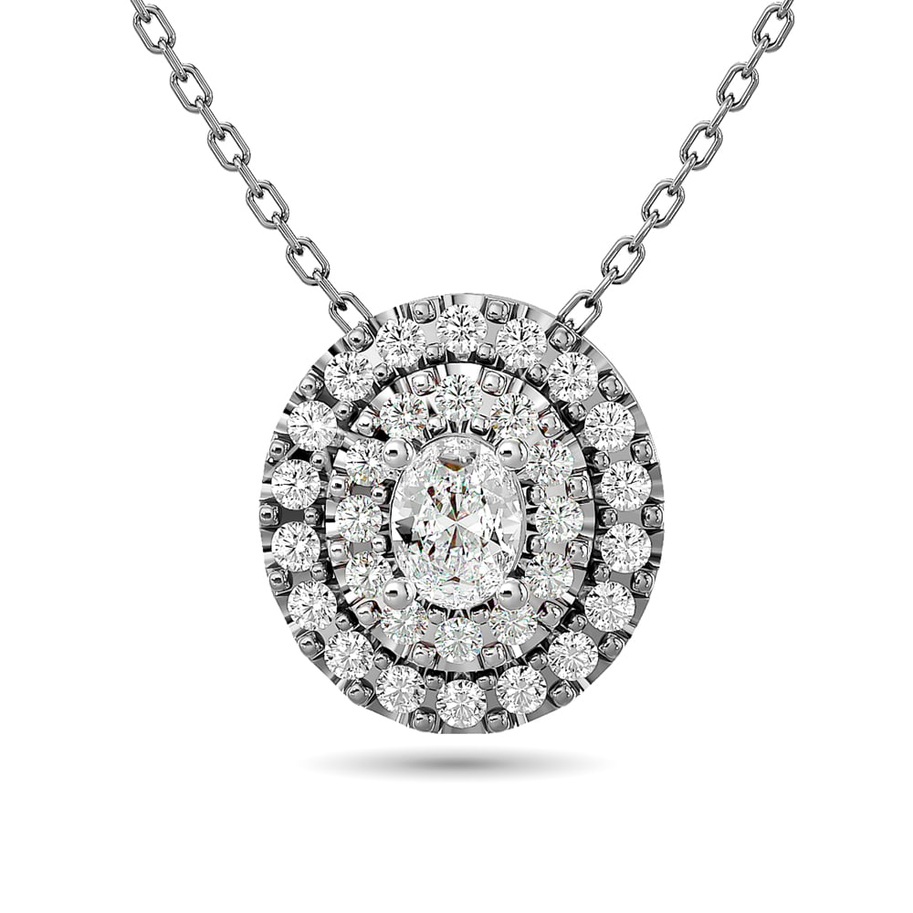 Diamond Oval Cut Double Halo Pendant 3/8 Ct.tw in 14K White Gold: Diamond Oval Cut Double Halo Pendant 3/8 Ct.tw in 14K White Gold Diamond Oval Cut Double Halo Pendant 3/8 Ct.Tw. in 14K White Gold (1/6Ct.Tw. Centre) 14k White Gold Stone Color: Gh Stone Clarity: Si2 
